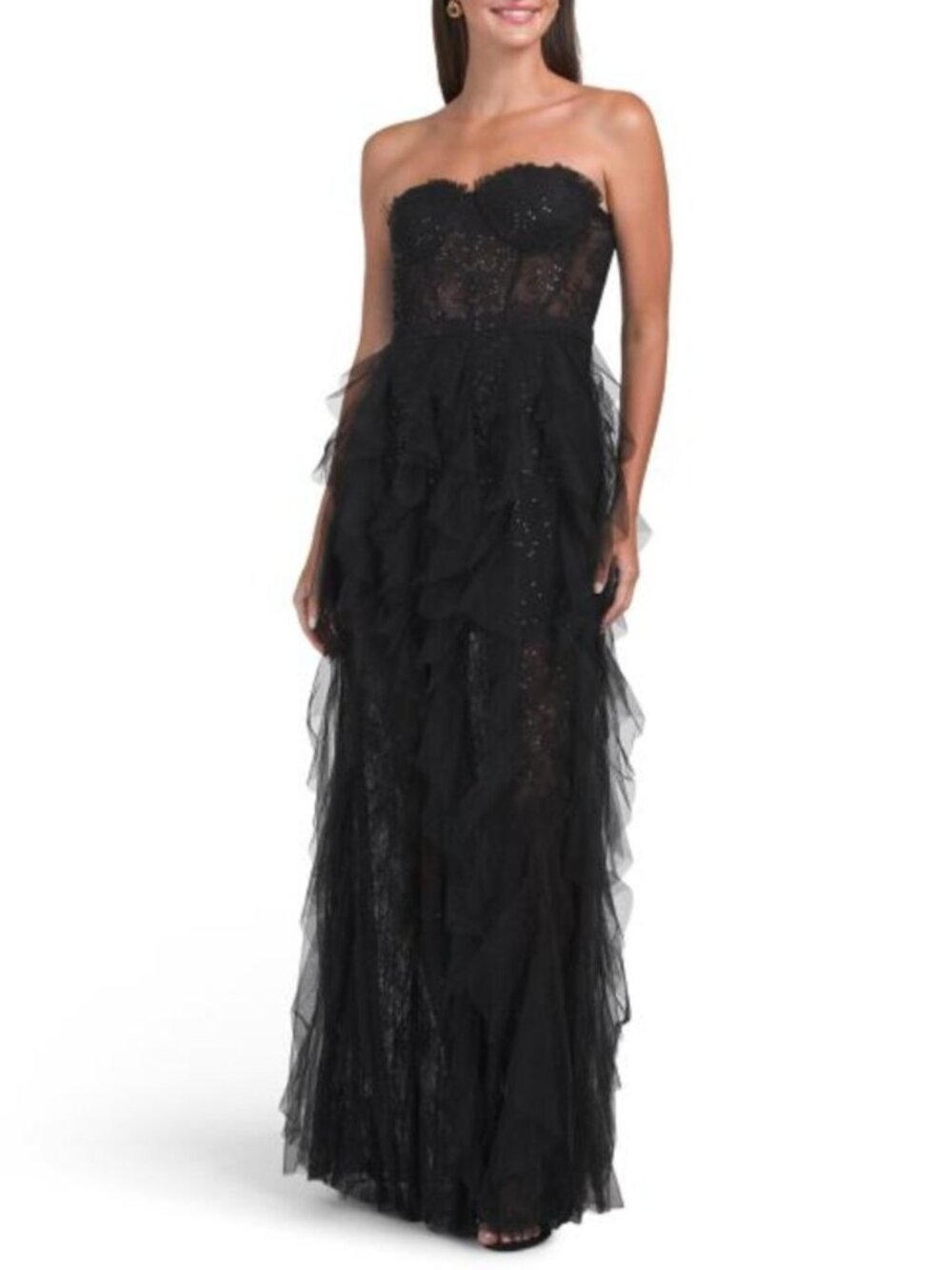 BETSY & ADAM Corset Detail Ruffle Skirt Gown